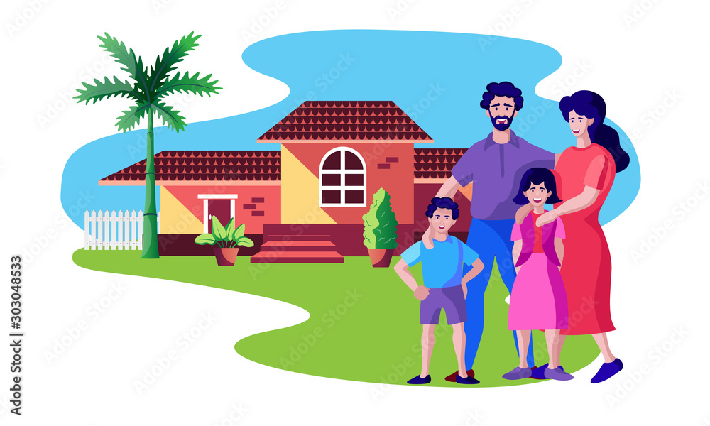 family standing in happy front of home family standing in happy front of home