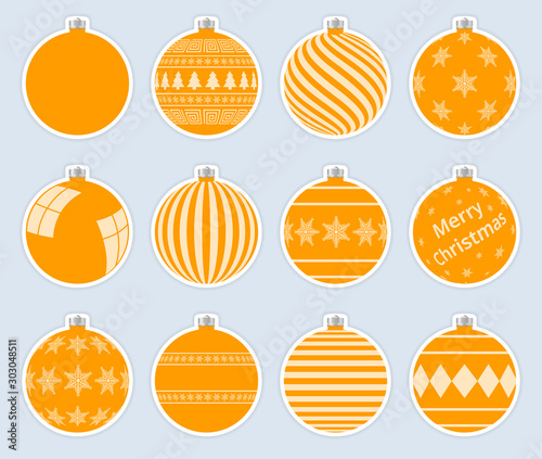 Magic, orange christmas balls stickers isolated on gray background. High quality vector set of christmas baubles.