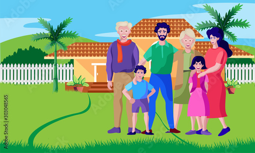 happy family standing in front of home with joy