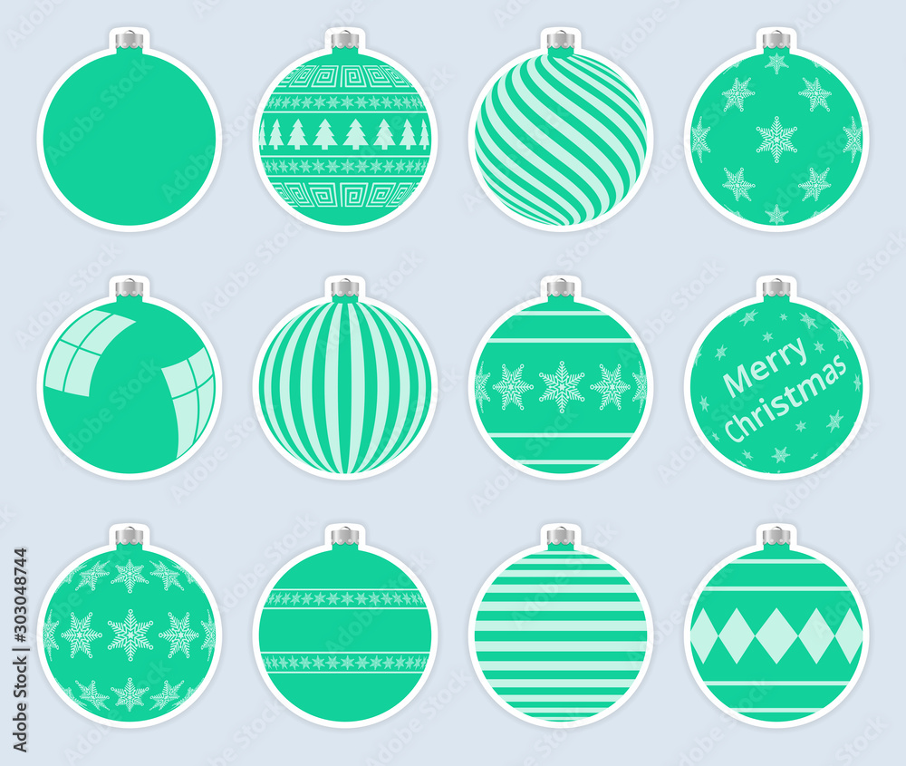 Magic, aquamarine christmas balls stickers isolated on gray background. High quality vector set of christmas baubles. Magic, aquamarine christmas balls stickers isolated on gray background. High quality vector set of christmas baubles.