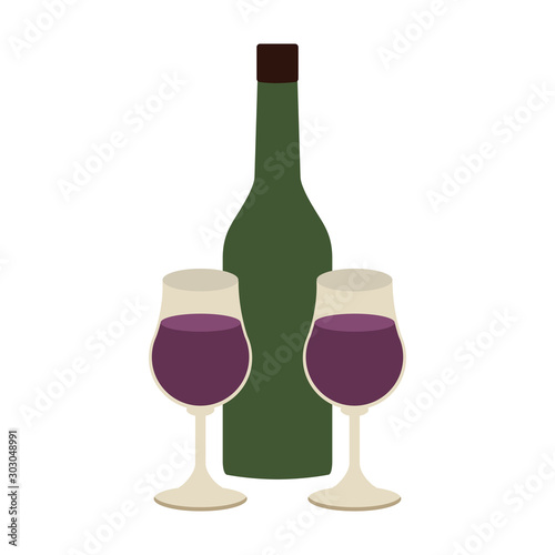 wine bottle and glasses, flat design