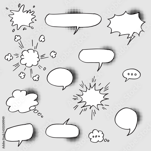 Set of hand drawn speech bubbles with Halftone shadows. Vector illustration.