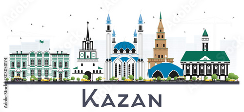 Kazan Russia City Skyline with Color Buildings Isolated on White.