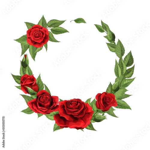 Valentines day postcard half wreath with red rose flowers bouquet