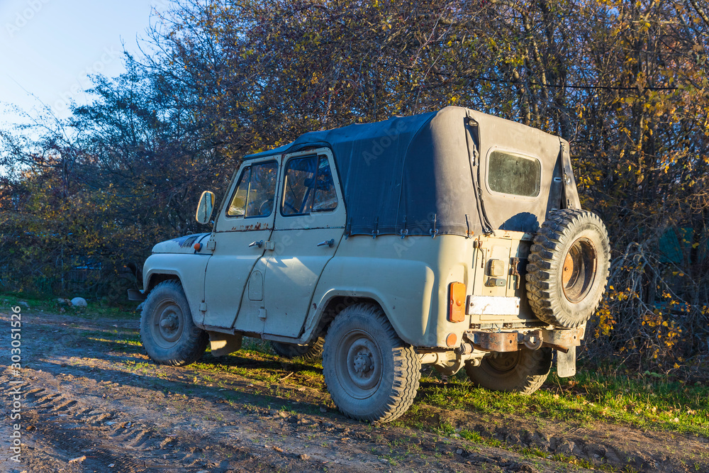 Soviet UAZ SUV on a mountain road