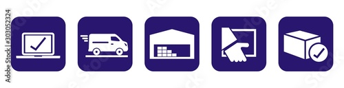 package tracking online purchase, web vector icons, blue and white colors, buttons