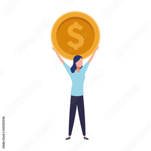 avatar businesswoman holding up a big coin