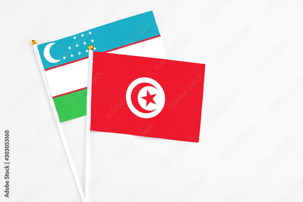 Tunisia and Uzbekistan stick flags on white background. High quality fabric, miniature national flag. Peaceful global concept.White floor for copy space.