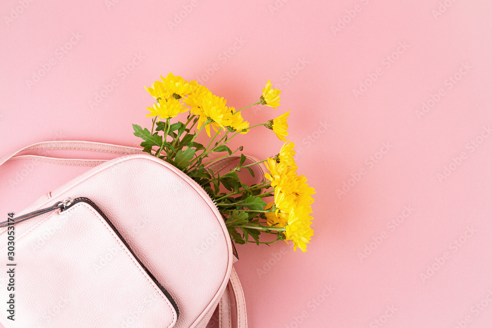 Beautiful girls bag with flowers. Female urban fashion, shopping, gfit ideas, spring and summer style - obrazy, fototapety, plakaty 