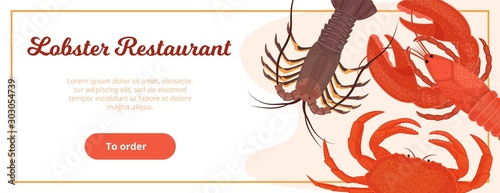 Website template design for lobster restaurant delivery service vector illustration flat style. Web page banner for seafood restaurant to order food online.