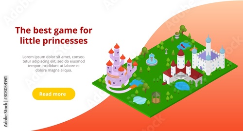 Advertising of game or castle toy for girl little princess vector illustration template. Invitation to online game or purchase landing site web page.