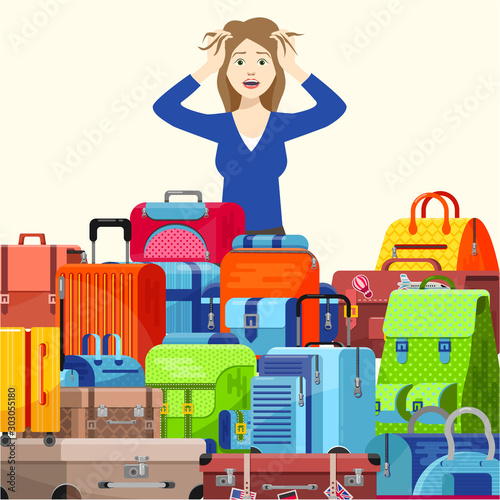 Shocked young woman girl traveller have problems with suitcases too many things to take vector illustration flat style. Packing luggage bags for trip.