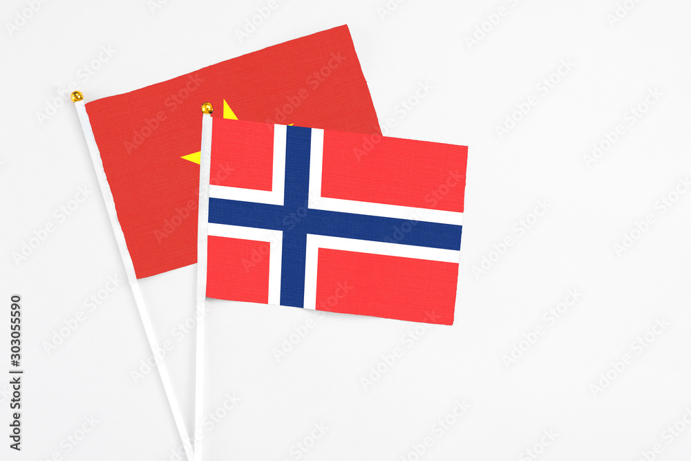 Bouvet Islands and Vietnam stick flags on white background. High quality fabric, miniature national flag. Peaceful global concept.White floor for copy space.