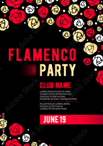 Vertical flamenco party template with black background, color flowers and text.  photo