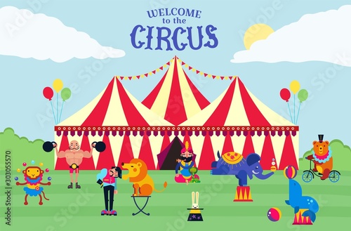 Big top circus and performers vector illustration. Trainers, athlete, wild animals monkey, bear, elephant, hare and lion, seal, snake. Circus show invitation poster.