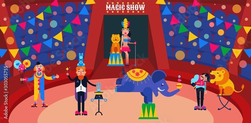Circus show vector illustration. Circus artists performers at arena trainer, magician with hares, assistant, clown. Wild animals lion, tiger, elephant.