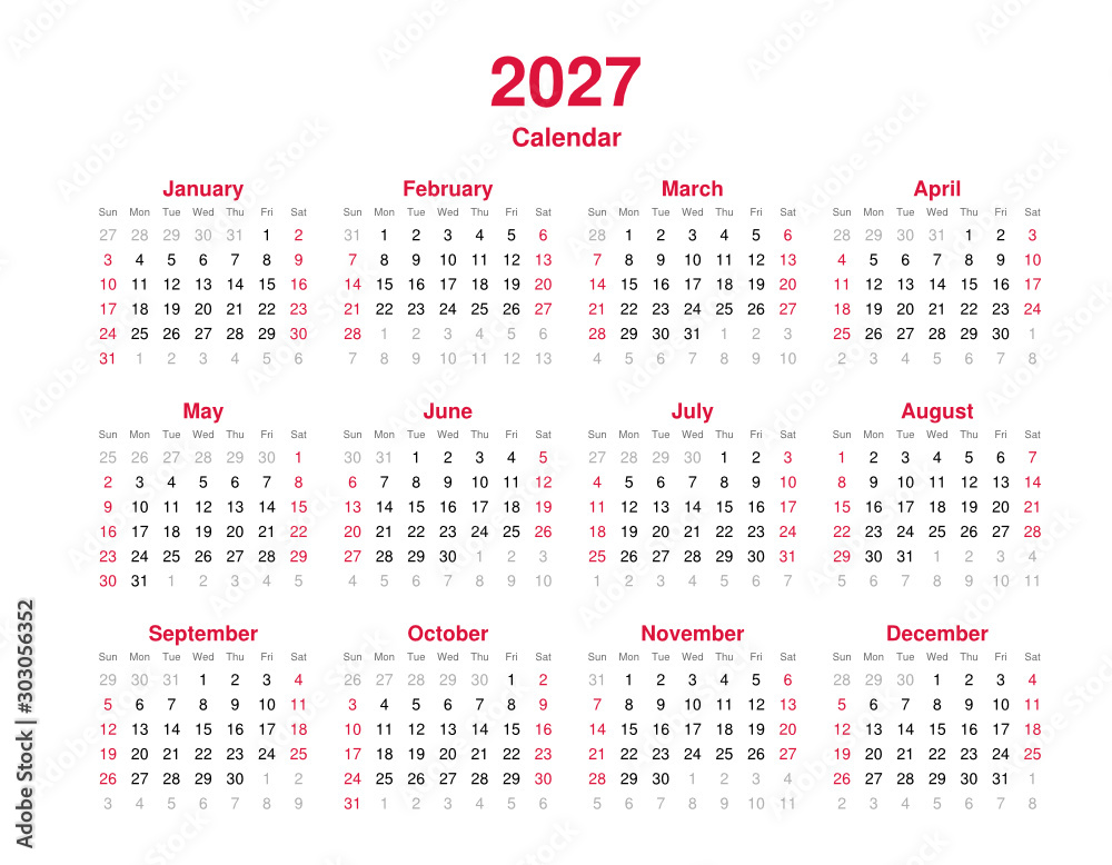 Calendar 2027 - 12 months yearly vector calendar in year 2027