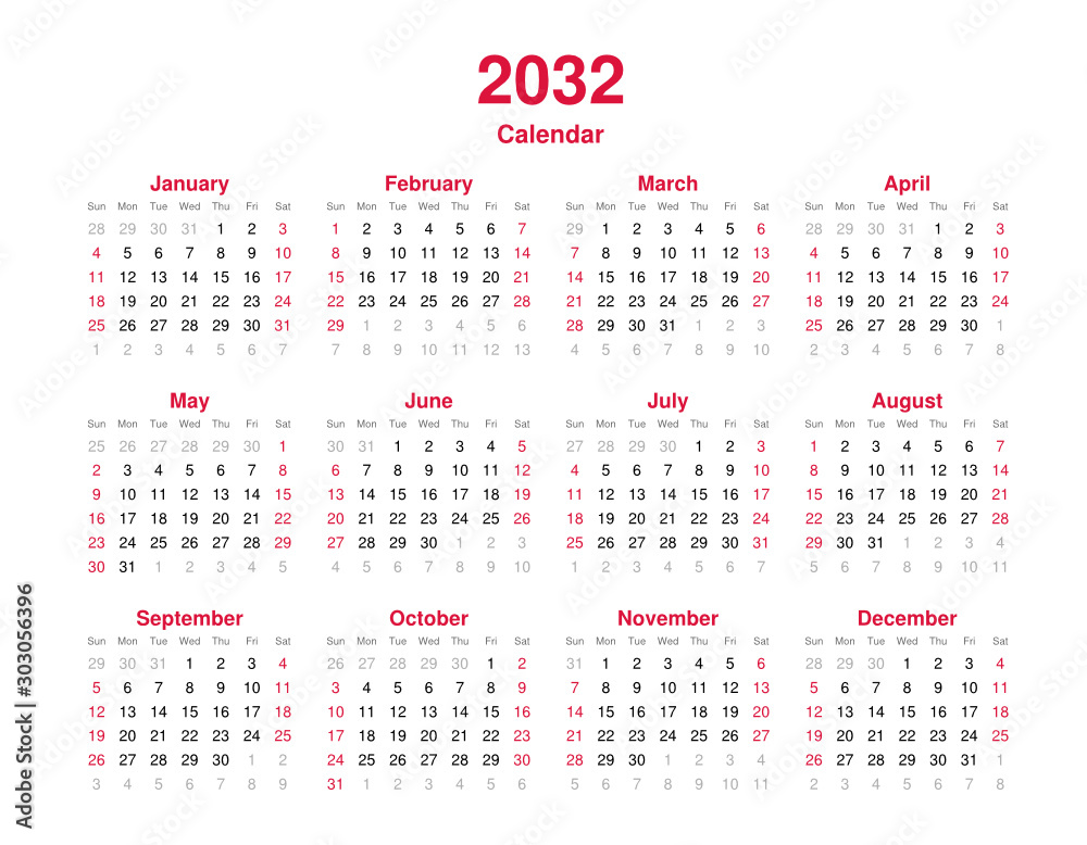 Calendar 2032 - 12 months yearly vector calendar in year 2032 - calendar  template - planner calendar Stock Vector