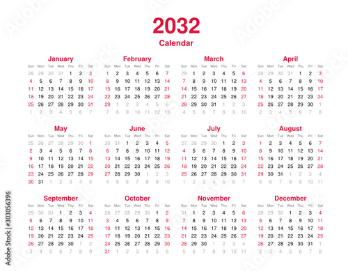 Calendar 2032 - 12 months yearly vector calendar in year 2032 - calendar template - planner calendar