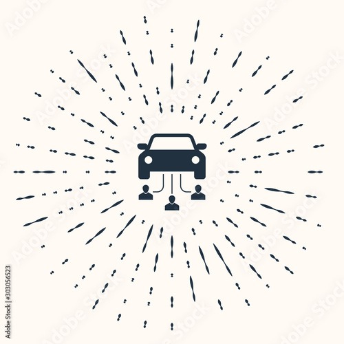 Grey Car sharing with group of people icon isolated on beige background. Carsharing sign. Transport renting service concept. Abstract circle random dots. Vector Illustration