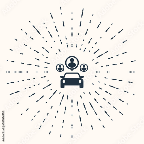 Grey Car sharing with group of people icon isolated on beige background. Carsharing sign. Transport renting service concept. Abstract circle random dots. Vector Illustration