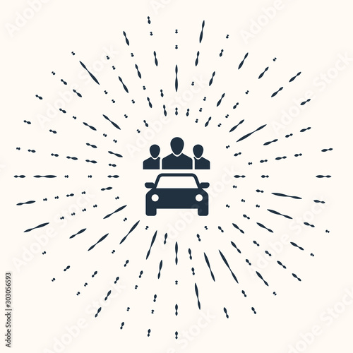 Grey Car sharing with group of people icon isolated on beige background. Carsharing sign. Transport renting service concept. Abstract circle random dots. Vector Illustration