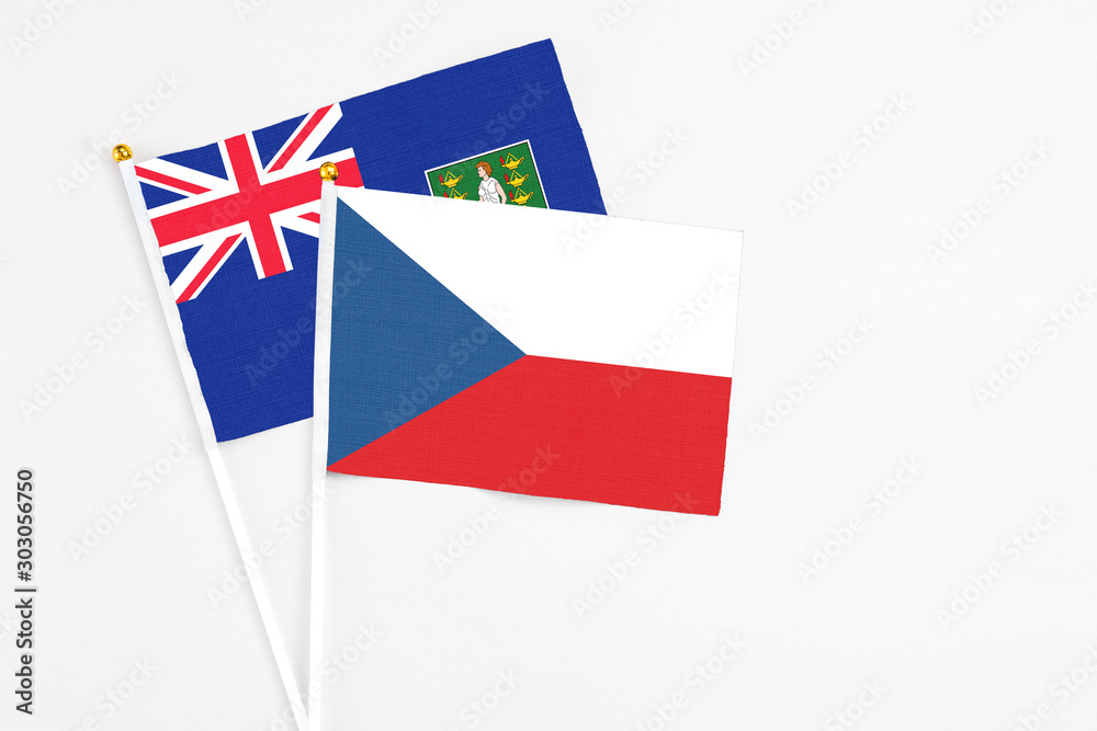 Czech Republic and British Virgin Islands stick flags on white background. High quality fabric, miniature national flag. Peaceful global concept.White floor for copy space. Czech Republic and British Virgin Islands stick flags on white background. High quality fabric, miniature national flag. Peaceful global concept.White floor for copy space.