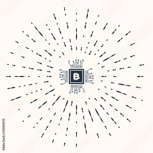 Grey CPU mining farm icon isolated on beige background. Bitcoin sign inside processor. Cryptocurrency mining community. Digital money. Abstract circle random dots. Vector Illustration