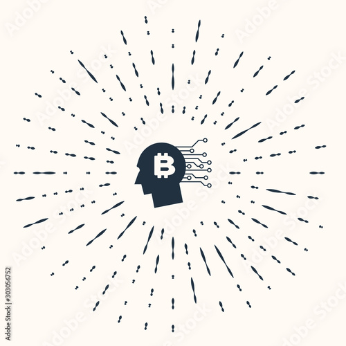Grey Bitcoin think icon isolated on beige background. Cryptocurrency head. Blockchain technology, bitcoin, digital money market, cryptocoin wallet. Abstract circle random dots. Vector Illustration