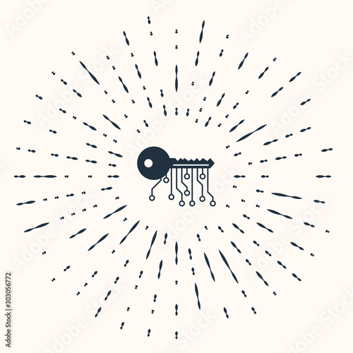 Grey Cryptocurrency key icon isolated on beige background. Concept of cyber security or private key, digital key with technology interface. Abstract circle random dots. Vector Illustration