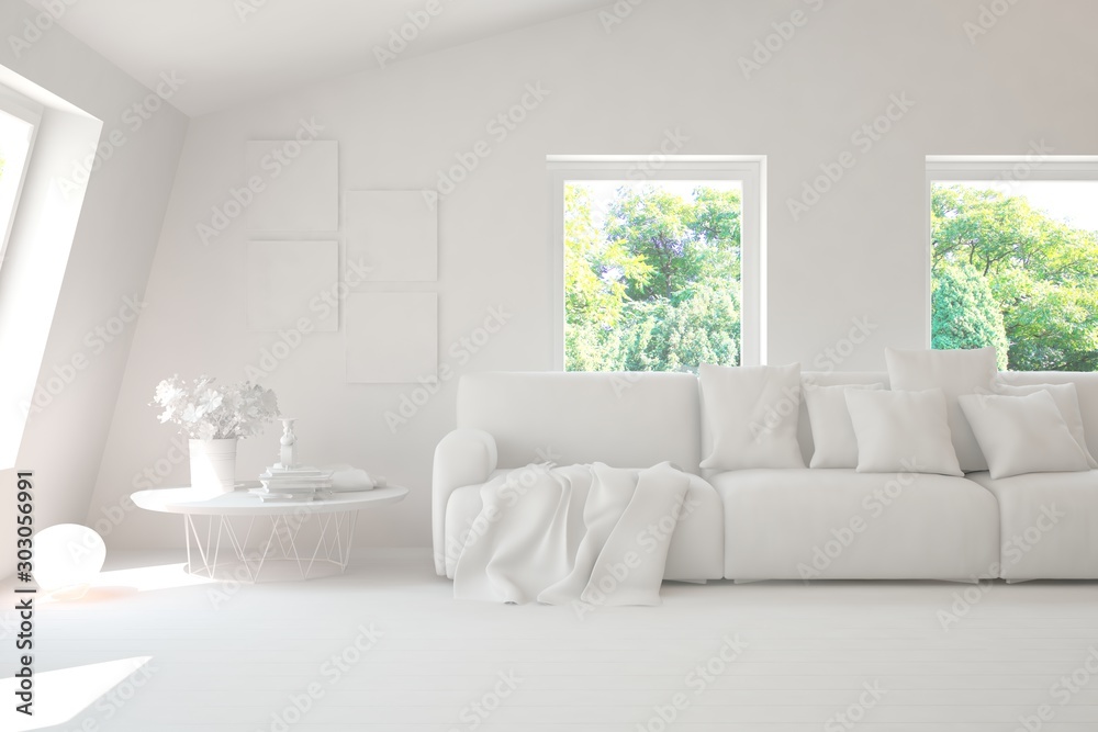 Fototapeta premium Mock up of stylish room in white color with sofa and green landscape in window. Scandinavian interior design. 3D illustration
