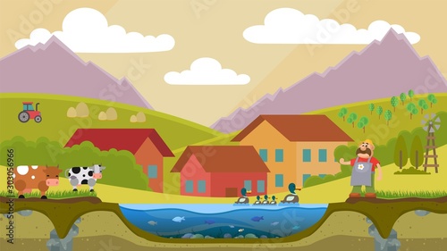 Fishery pond lake with fishes and swimming ducks in countryside near farmers or villager house vector illustration. Man standing outdoors, cows graze in meadow.