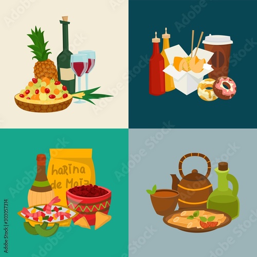 Food and drinks collection of compositions set vector illustration. Fruit salad, pasta, wok, paella, donuts and beverage wine, tea, coffee. Lunch or dinner menu.