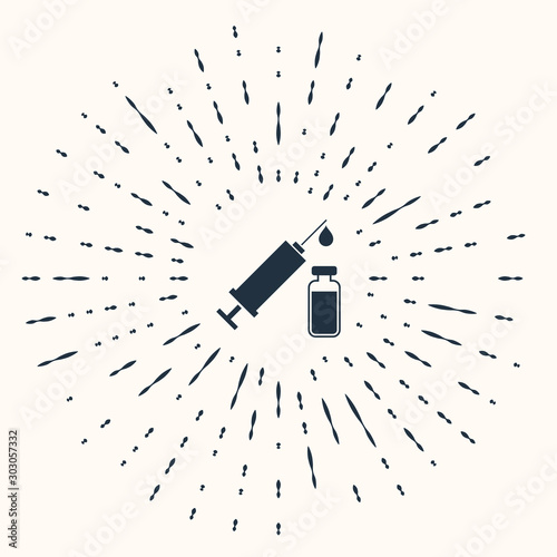 Grey Medical syringe with needle and vial or ampoule icon isolated on beige background. Vaccination, injection, vaccine, insulin concept. Abstract circle random dots. Vector Illustration