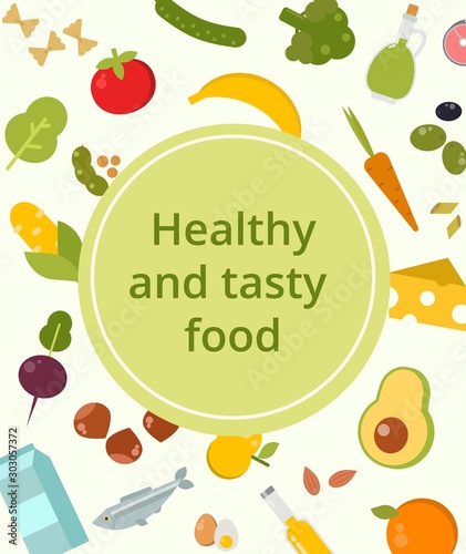 Healthy food pattern background round space for text vector illustration. Set of healthy products vegetables  fruits  fish  milk  eggs  oil  nuts  cheese  pasta.