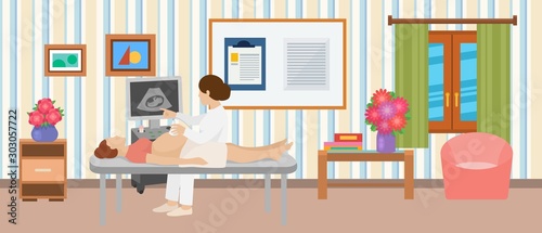 Ultrasound medical examination fetus pregnant woman vector illustration. Female doctor gynecologist, patient with ultrasonic equipment in clinic. Baby embryo on monitor.