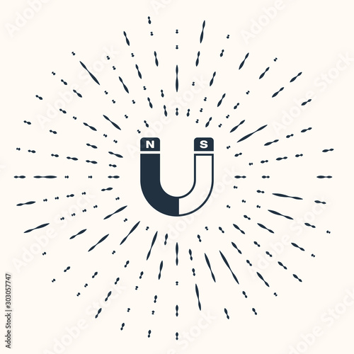 Grey Magnet icon isolated on beige background. Horseshoe magnet, magnetism, magnetize, attraction sign. Abstract circle random dots. Vector Illustration