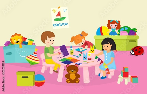 Children boy and girls crafting in kindergaten or art class vector illustration. Happy and creative kids crafting flags, decorations at table from color paper.