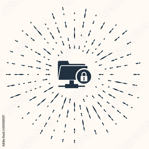 Grey FTP folder and lock icon isolated on beige background. Concept of software update, ftp transfer protocol. Security, safety, protection concept. Abstract circle random dots. Vector Illustration