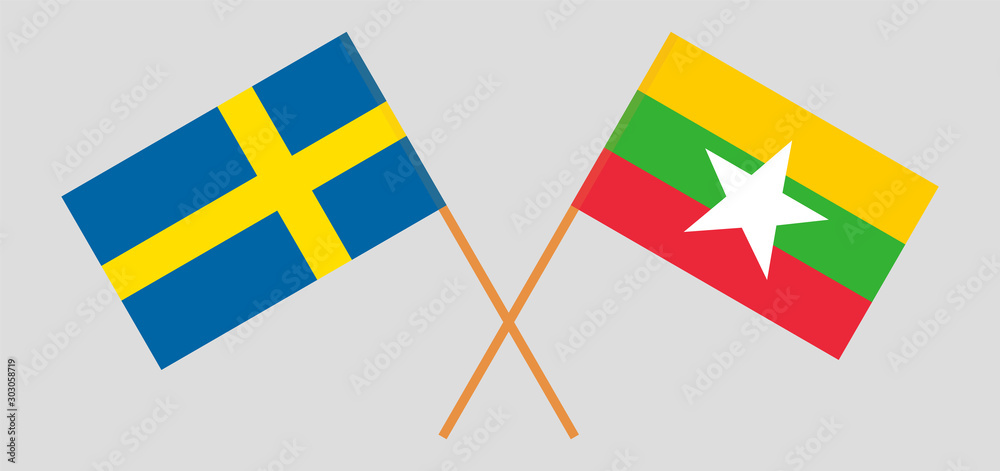 Crossed flags of Myanmar and Sweden
