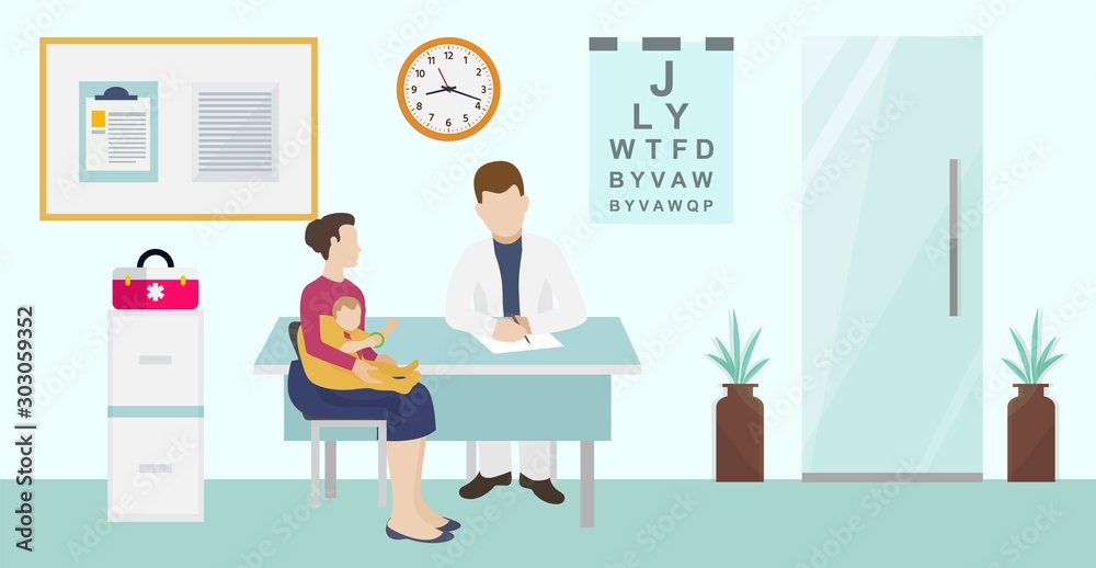 Children ophthalmology and healthcare vector illustration. Baby with mother visiting doctor oculist sitting in office for consultation and eyes and vision test.