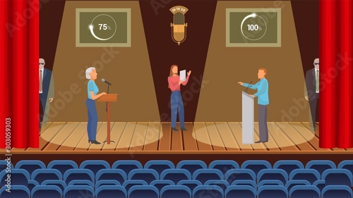 Tv live streaming political debate with votes count vector illustration. Two opponents candidates man and woman, presenter and bodyguards. Election campaign concept.