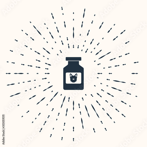 Grey Dog medicine bottle icon isolated on beige background. Container with pills. Prescription medicine for animal. Abstract circle random dots. Vector Illustration