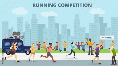 Running jogging marathons competitions race vector illustration. Sport runners group men and women in motion. Running man finishing first. City background.