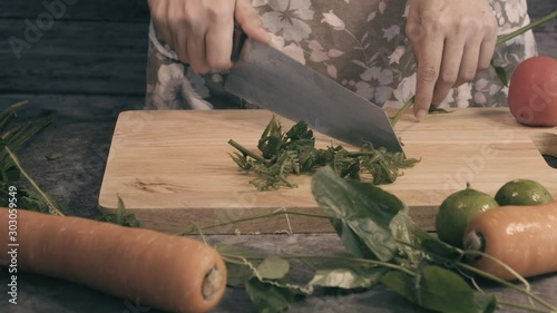  Asian Woman's Hand Cut Vegetables to Cook Left to Right pan Footage.  photo