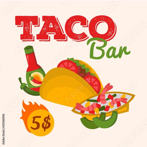 Mexican food taco bar vector illustration national cuisine concept design. Mexican restaurant, cafe poster, brochure, flyer, menu template. Special price offer.
