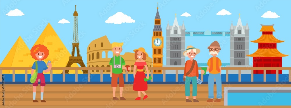 World sights from cruise liner deck vector illustration. Sea cruise traveling people men, women, couples visiting different country and landmarks by ship.