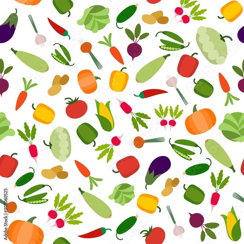 Vegetables organic seamless pattern vector illustration in flat style background. Vegetable fresh healthy delicious green food tomato potato carrot eggplant pepper.