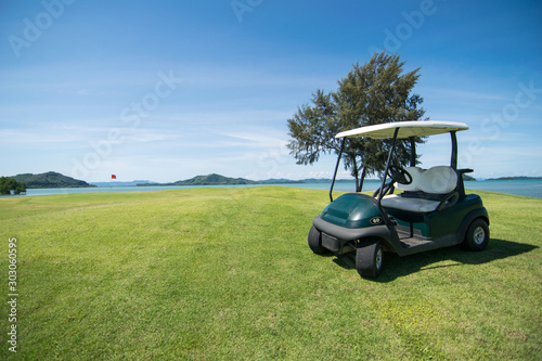 Golf carts on fairway with clear sky