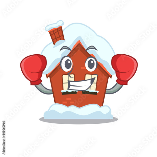 Cartoon winter house with in boxing character